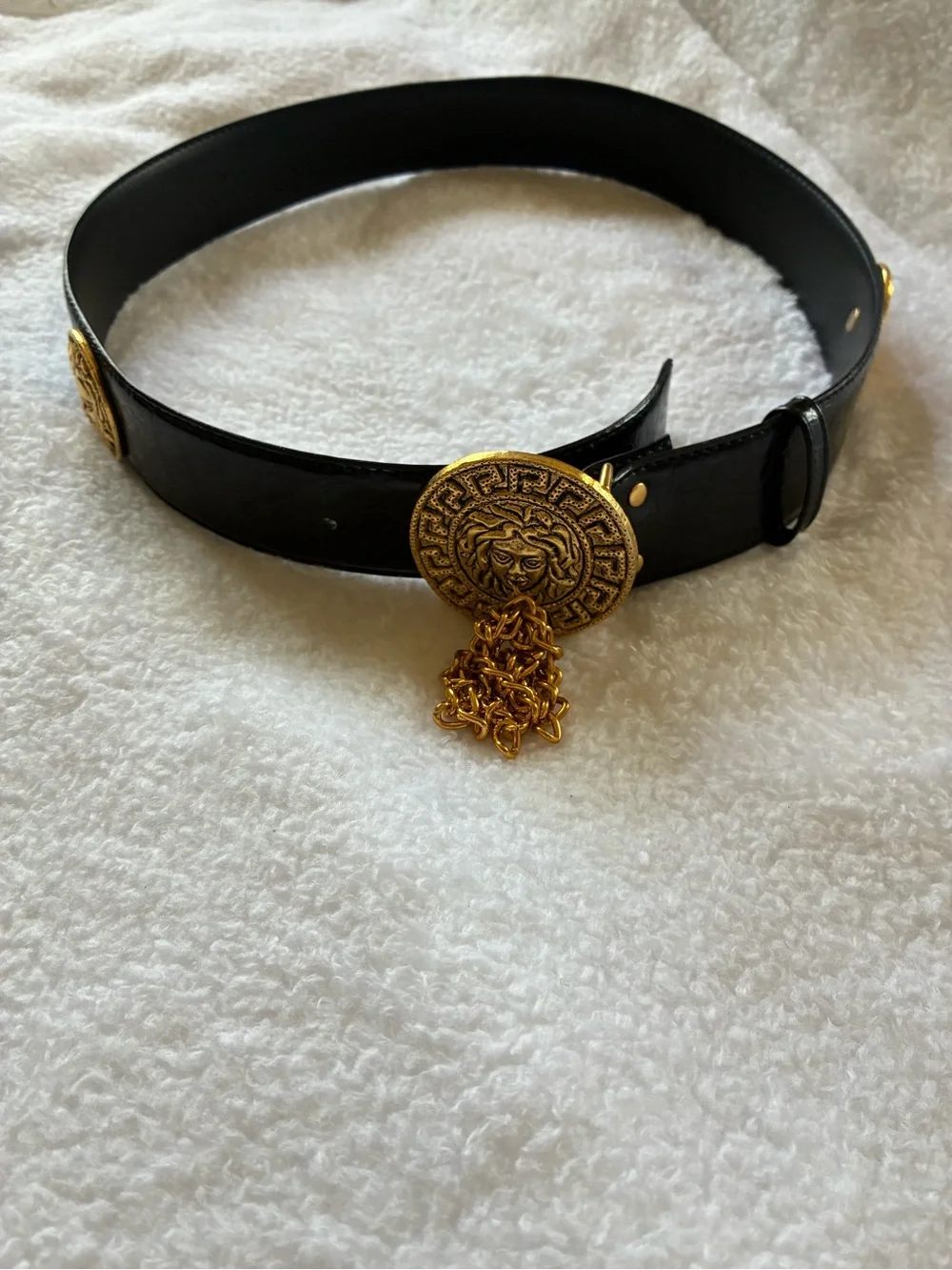 Black Leather Belt with Gold Medallion and Chain Accent